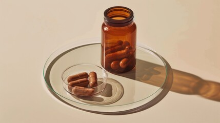 An unidentified brown pill spilled from an unmarked bottle onto a glass platform with another on a petri dish in a simple ad space