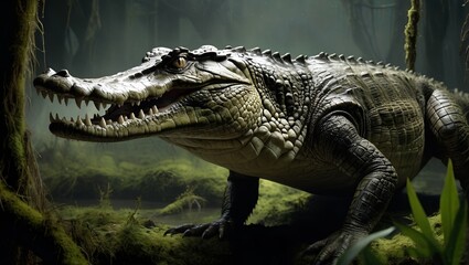 Fototapeta premium crocodile in the water 3d painting of a menacing crocodile coming out of the water in the moonlit eyes gleam with malice and its teeth are bared in an aggressive 