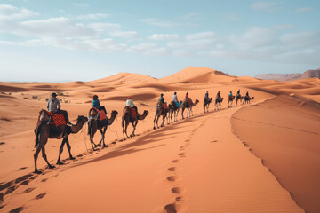 Group of people riding camels through vast desert sand dunes. Traditional travel and adventure in desert landscape