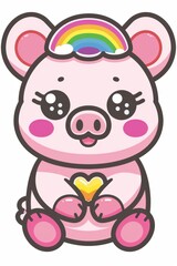  A pink pig sits before a white backdrop, holding a heart in each paw Above its snout, a rainbow arc unfolds