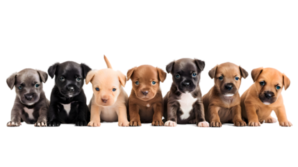 Dog cute puppies in a row isolated on transparent background
