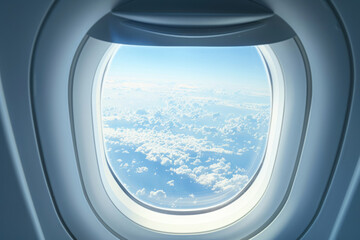 Scenic view of fluffy clouds and blue sky from an airplane window. Airplane cabin, close up. Air travel and flight concept