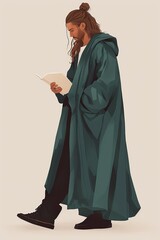 Naklejka premium Man with long hair and beard, in raincoat, reads book against white backdrop