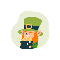 Leprechaun and pot of gold for St. Patrick's Day. Flat style.