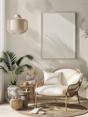 Minimalist Living Room with a Wicker Armchair and a Blank Canvas