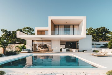 Fototapeta premium A large white house with a pool and a patio