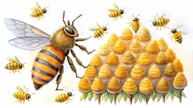 Vibrant summer scene of a busy bee colony with a prolific queen bee laying up to 1,000 eggs daily, ensuring the survival of the hive.