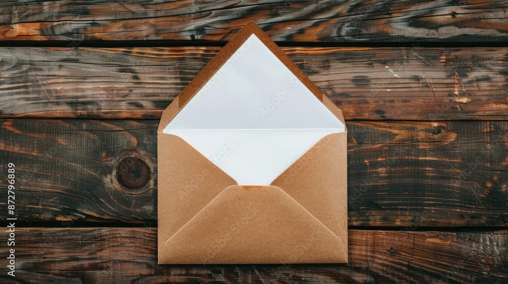 Poster empty white card in opened envelope top view with space for text