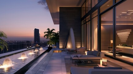 Obraz premium A stylish terrace lounge with a sleek water fountain, contemporary furniture, and a view of the urban skyline at twilight.
