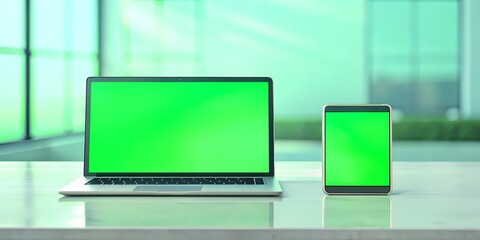 Fototapeta premium Modern laptop and tablet with green screen on desk, blurred background, demonstrating online video conference with chroma key technology for marketing design concept.