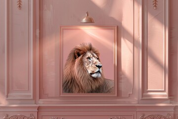 An elegant library with a soft pink wall adorned with a single frame of a majestic lion, highlighted softly by a spotlight.