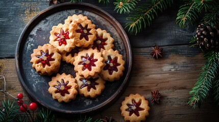 Fototapeta premium Festive cookies with jelly filling on rustic table top view landscape