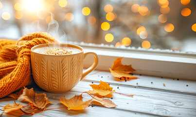 cozy up at home with the warm hues of autumn leaves and a steaming cup of coffee on wooden windowsill, beautiful bokeh background with copy space
