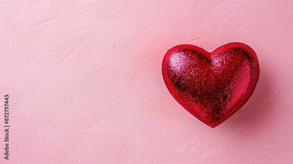 Aufkleber valentine card with red heart from above on pink background with space for text