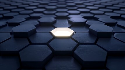 A dark navy hexagonal backdrop with a glowing white center, showcasing a minimalist design with a smooth 3D rendering