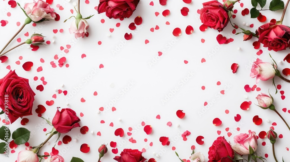 Poster rose flower frame with confetti on white background for valentine s day flat lay view with space for