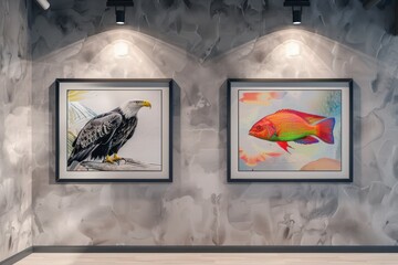 An elegant dining room with a light grey wall featuring two frames: one with a majestic eagle and the other with a vibrant fish, both under focused spotlights.