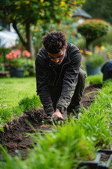 Skilled landscaper installing natural grass turfs