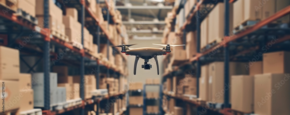 Poster drone delivering package in modern store inventory update and transaction system