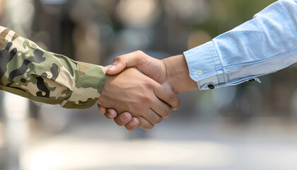 Soldier and civilian shaking hands on blurred background