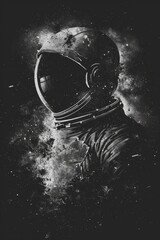  A monochrome image of a man in a spacesuit, helmet included, against a backdrop of stars