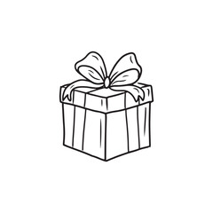 Beautiful cardboard box decorated with ribbon and bow as a happy birthday gift in black isolated on white. Hand drawn vector sketch illustration in doodle engraved vintage line art style. Christmas