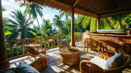Fototapeta premium A tropical terrace lounge with a bamboo bar, rattan furniture, and a view of palm trees swaying in the breeze.
