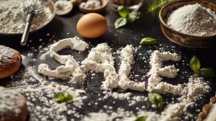 Baking preparation concept sale spelled in flour on black table