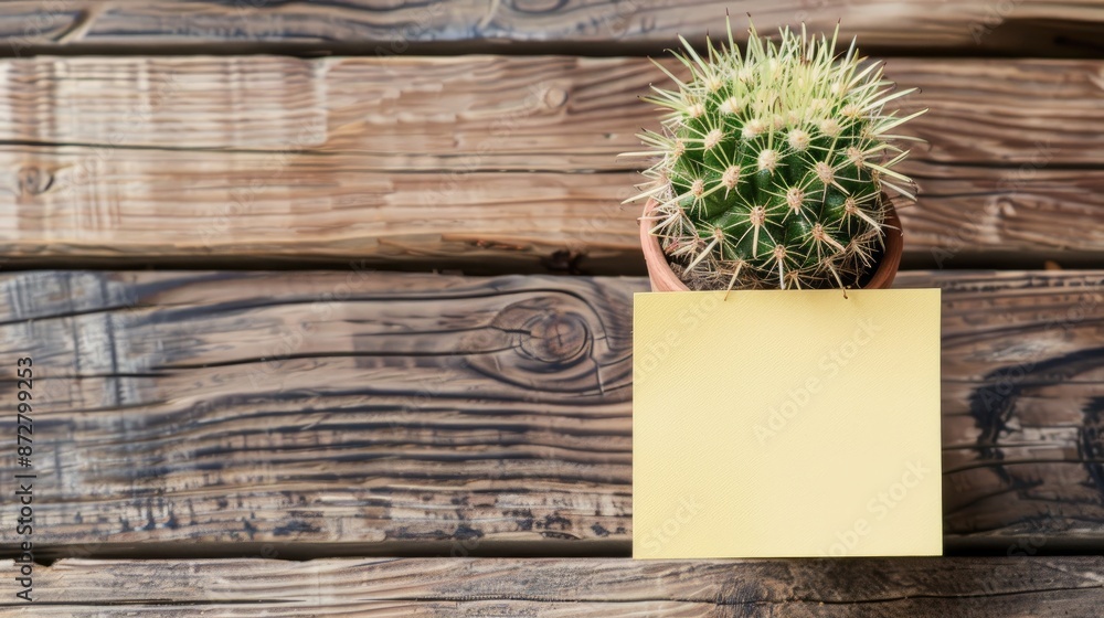 Aufkleber sticky note on wooden table with cactus in rustic setting