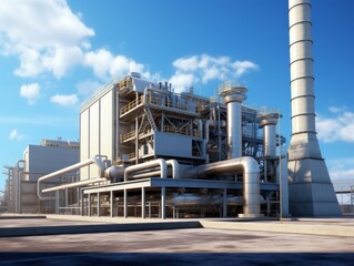 Obraz premium A modern industrial chemical plant with pipes and chimneys against a clear blue sky.