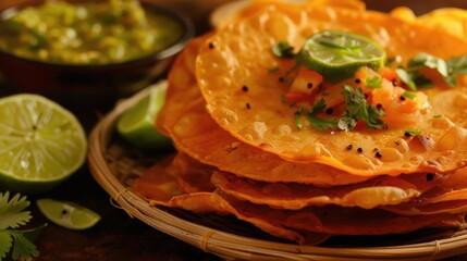 Stacked Indian poppadums with lime pickle and sliced lime