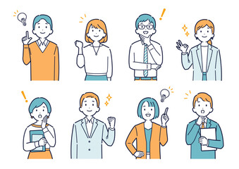 上を向いて明るい表情をするビジネスパーソンのイラストセット＿上半身