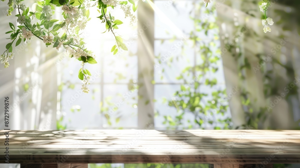 Poster board with empty space decorated with green flowers blurred white window and area for creating morni