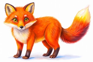 Obraz premium Curious young red fox with piercing yellow eyes and reddish-orange fur cautiously observes the camera, its bushy tail twitching with every subtle movement.
