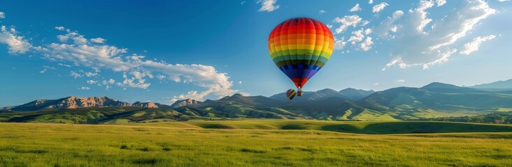 Obraz premium Colorful Hot Air Balloon Soaring Over Green Meadow and Mountains on a Sunny Day