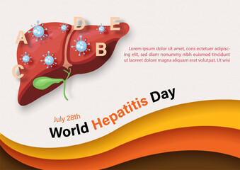 Symbol of Hepatitis's virus on the human liver with wording of World Hepatitis's Day, example texts on colors bar of campaign and cream color background.