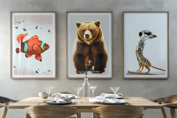 A stylish dining room with a light grey wall showcasing three frames: a powerful bear, a colorful fish, and a curious meerkat, all beautifully lit.