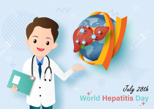Doctor in cartoon character with symbols of hepatitis virus on human liver and campaign ribbon, wording of event on blue background. World Hepatitis's day poster campaign in vector design.