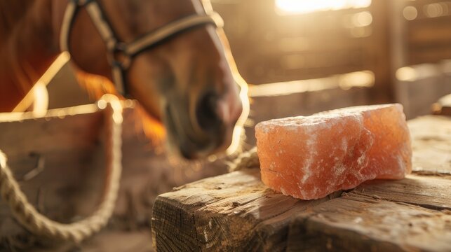 Pink Himalayan salt block on rope in stable for horses to lick as mineral supplement close up photo with space for text