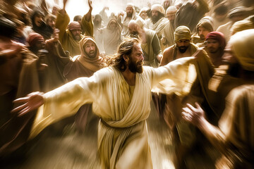 Biblical figure Jesus in robes running among a dense crowd with arms outstretched, conveying urgency and emotion. Religious revival, historical reenactment, faith,  biblical events concept.