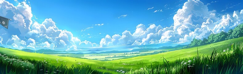 Obraz premium Green Grass Field with Blue Sky and Clouds