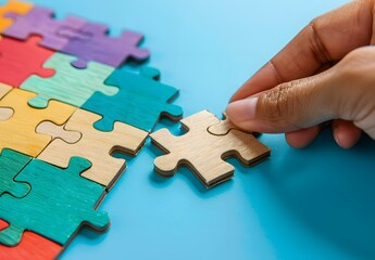 Fototapeta premium Hand Placing Wooden Puzzle Piece on Blue Background