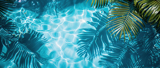 Tropical leaf shadow on water surface. Shadow of palm leaves on blue water. Beautiful abstract background concept banner for summer vacation at the beach