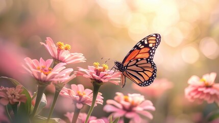 Monarch Butterfly feeding on pink Zinnia flowers in a summer garden with a soft background