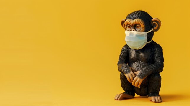Monkey figurine wearing medical mask smallpox or monkeypox concept background with space for text