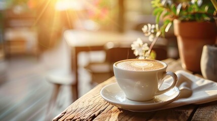 Fototapeta premium Morning coffee cappuccino on wooden table at cafe