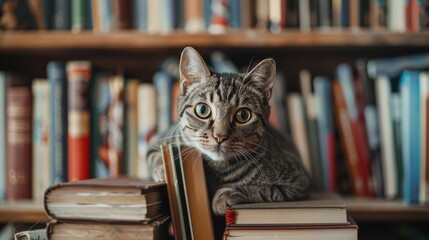 Adorable cat on book filled shelf against bright backdrop