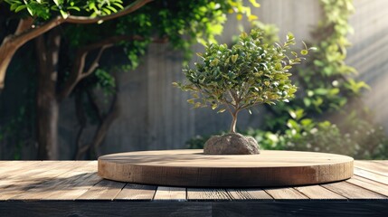 Fototapeta premium Natural wooden round podium on wooden planks with bonsai tree and blurred green tree plant background. Mockup showcase product display