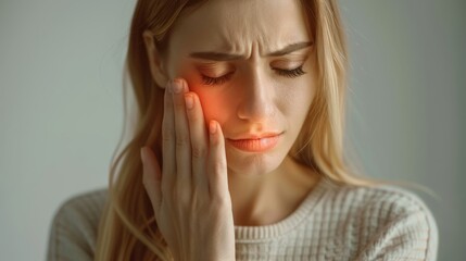 Naklejka premium Woman in pain suffering toothache touching face, girl sad face pain cheek,Attractive Female Feeling Painful Toothache,Dental Health And Care Concept,Feeling Tooth Pain,Teeth Problem.