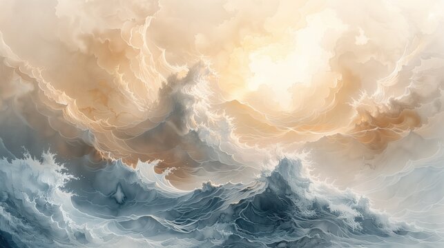 Watercolor painting of a breathtaking scene depicting the creation of the world by God, with dynamic waves and radiant light. Divine creation, artistic inspiration, spiritual concept, celestial artwor
